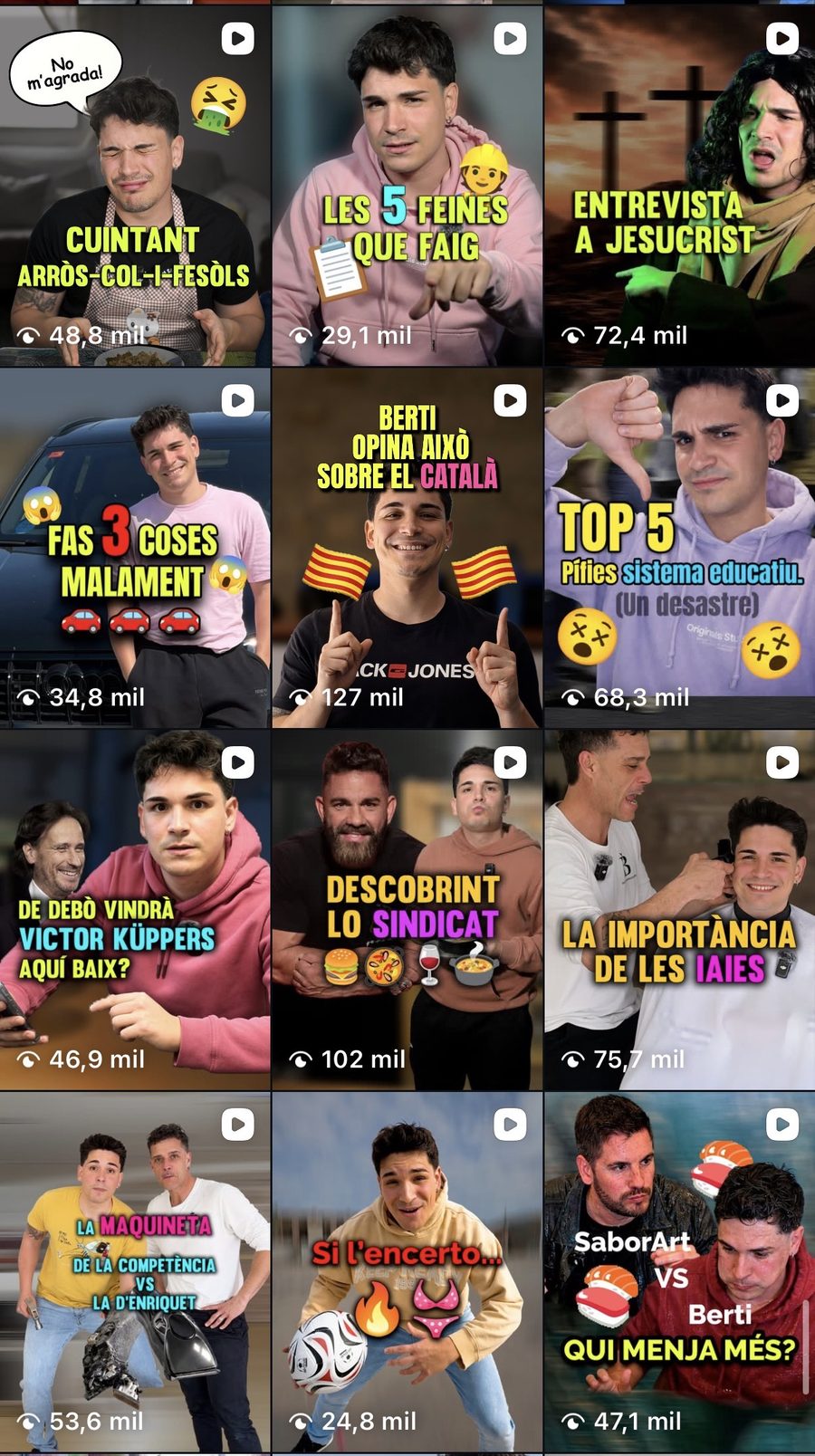 Feed d’Instagram de Berti amb exemples de reels i visualitzacions