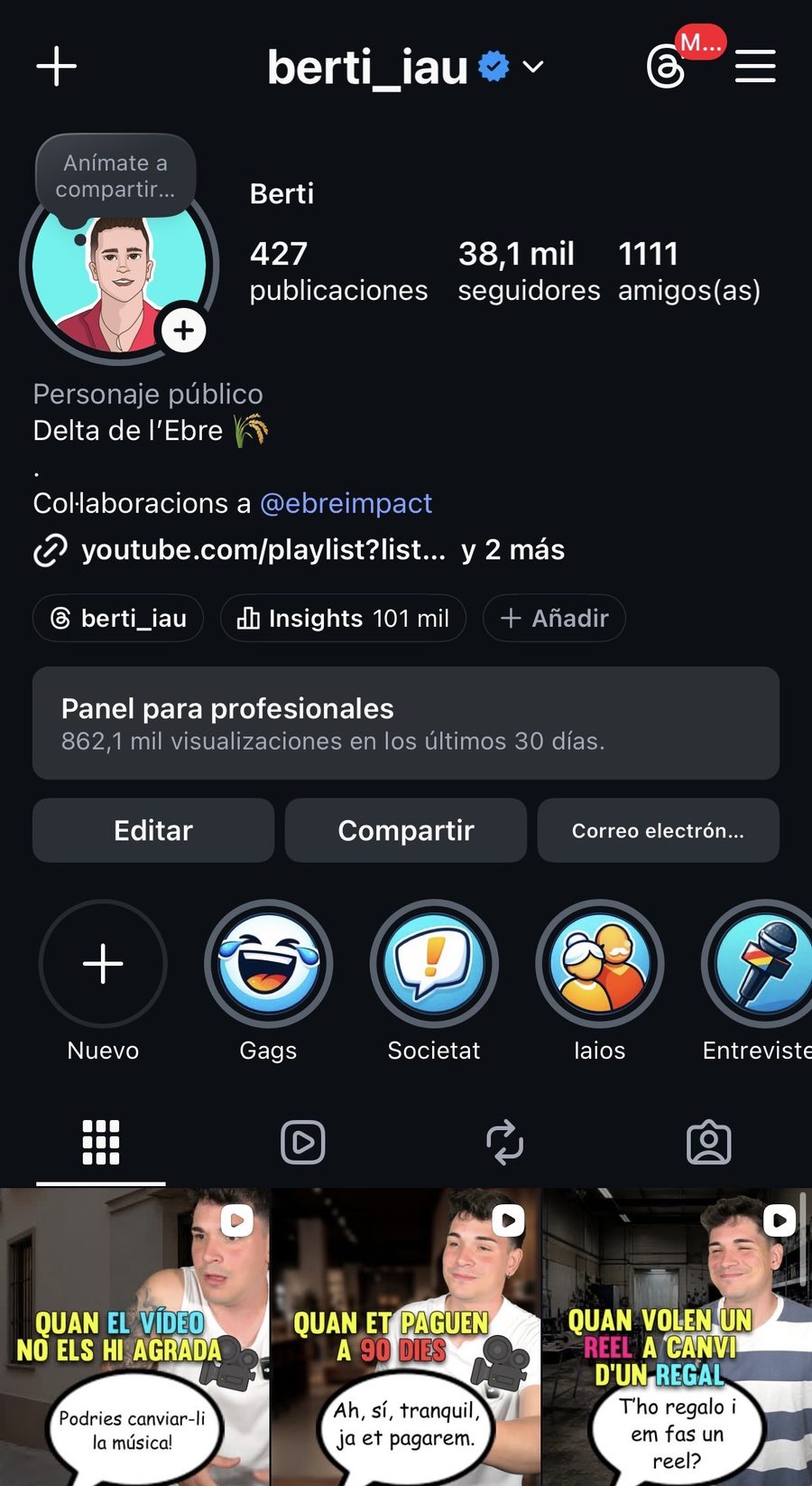 Perfil d’Instagram de Berti amb seguidors i activitat
